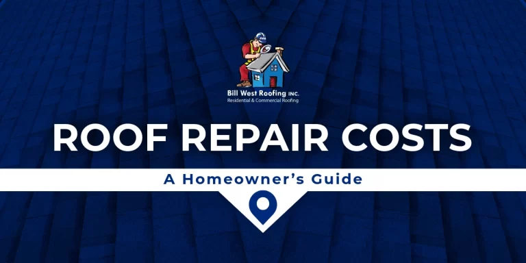 Blue roof shingles background with Bill West Roofing logo and "Roof Repair Costs: A Homeowner's Guide" title.