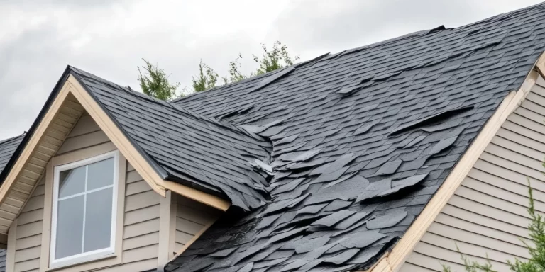 Close-up of a residential roof with storm-damaged, lifted asphalt shingles indicating wind or weather damage