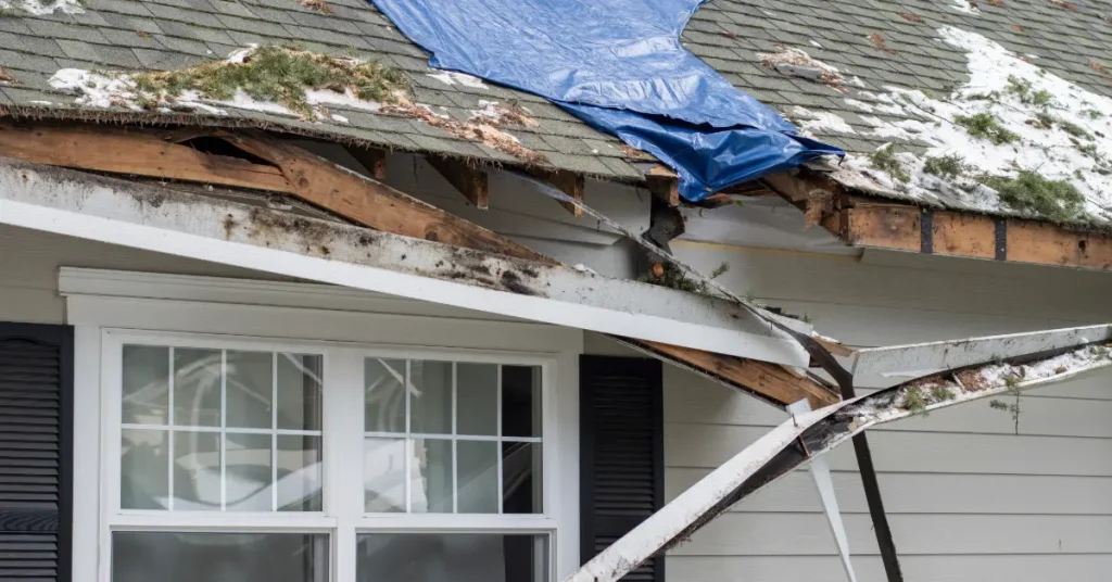 A home with a severely damaged roof with a blue tarp.