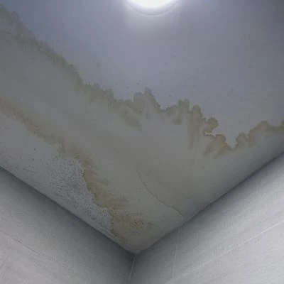 Water damage stains on white ceiling corner showing signs of roof leak