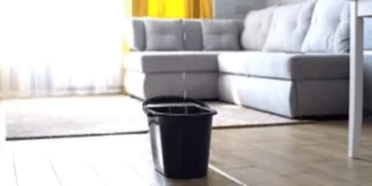 Black bucket placed on wooden floor to catch water dripping from ceiling leak in modern living room
