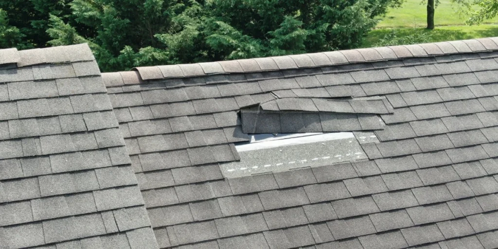 Roof with multiple missing and lifted shingles showing storm damage and exposed underlayment