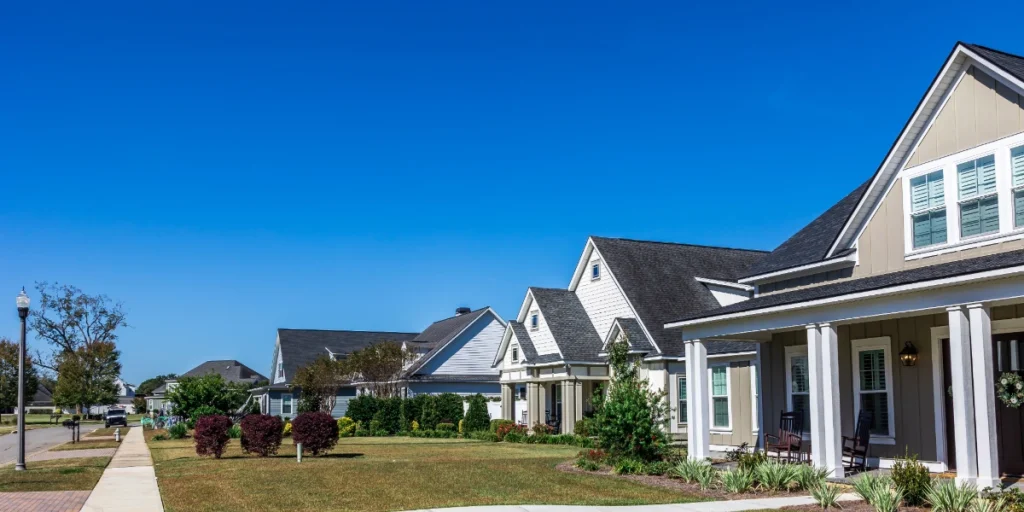 Well-maintained HOA neighborhood with uniform roof colors and architectural shingles meeting community guidelines