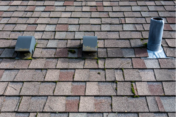 Aging asphalt roof shingles with granule loss and moss growth on a Kansas City home