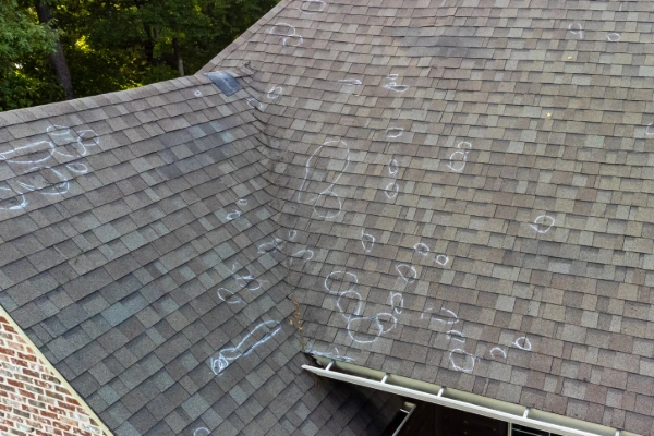 Rooftop view of asphalt shingles with chalk circles marking individual hail damage strikes identified during a post-storm roof inspection.