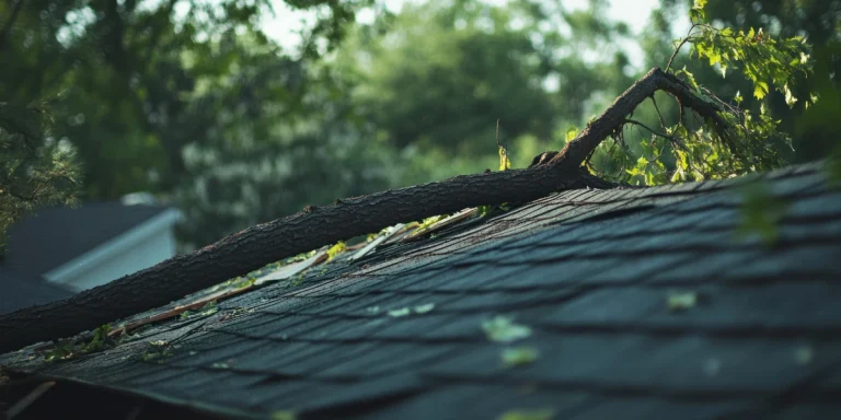 Large tree branch fallen across a shingle roof after storm damage in Kansas City