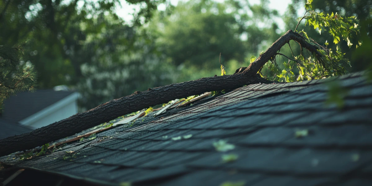Large tree branch fallen across a shingle roof after storm damage in Kansas City